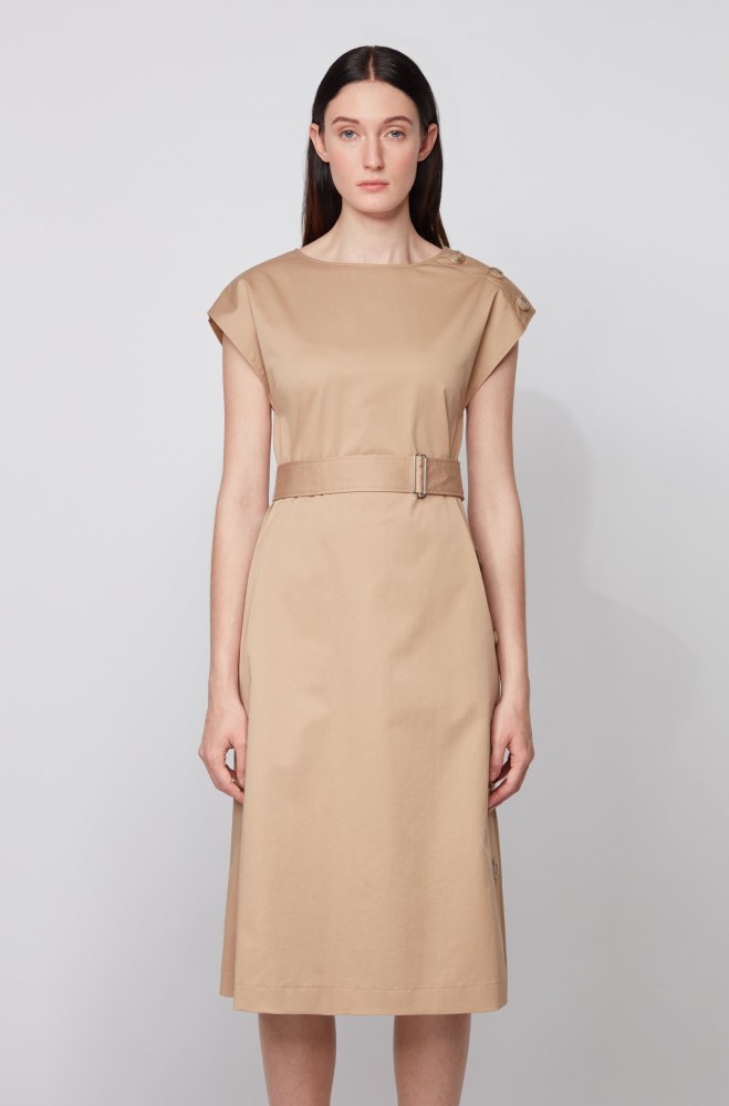 Vestidos Hugo Boss Mujer Outlet Mexico - BOSS Midi-length dress in stretch cotton with details -
